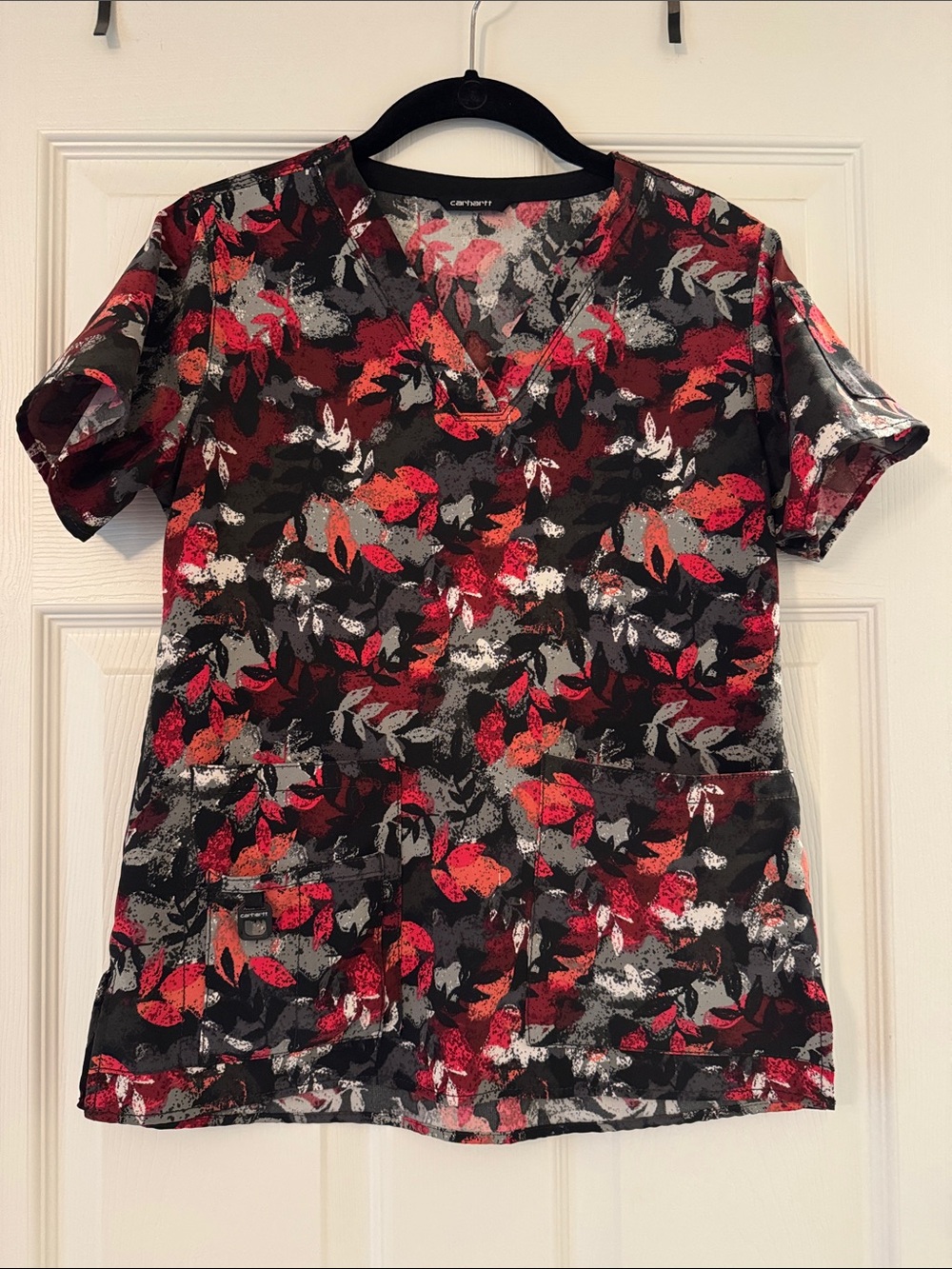 Carhartt Women's V-Neck Floral Print Top - Black, Red & Gray scrub top